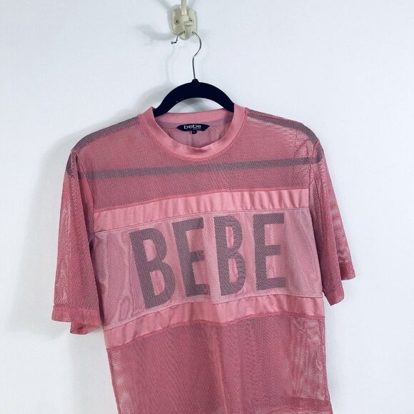 🛑 bebe Women Stretch See Thru Mesh Blouse Loose Fit Pink Logo Small - Picture 3 of 8